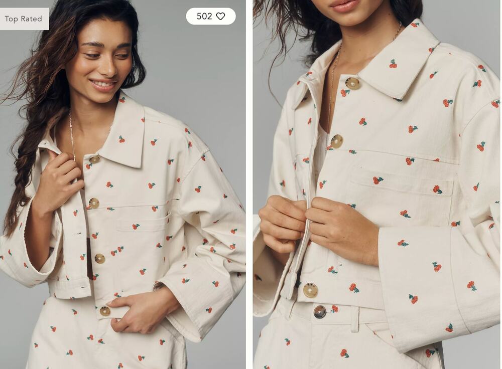 Anthropologie Pilcro Ivory Icon Crop Jacket Embroidered Cherry Stitch Sz M NEW